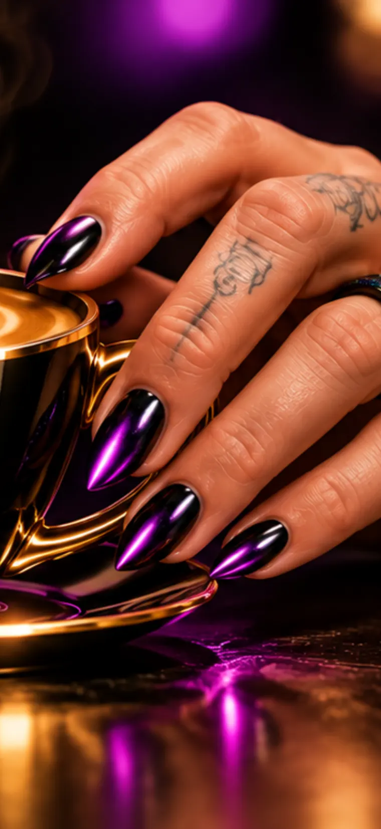 Close up of a hand with chrome purple nails resting on a gold cup and saucer